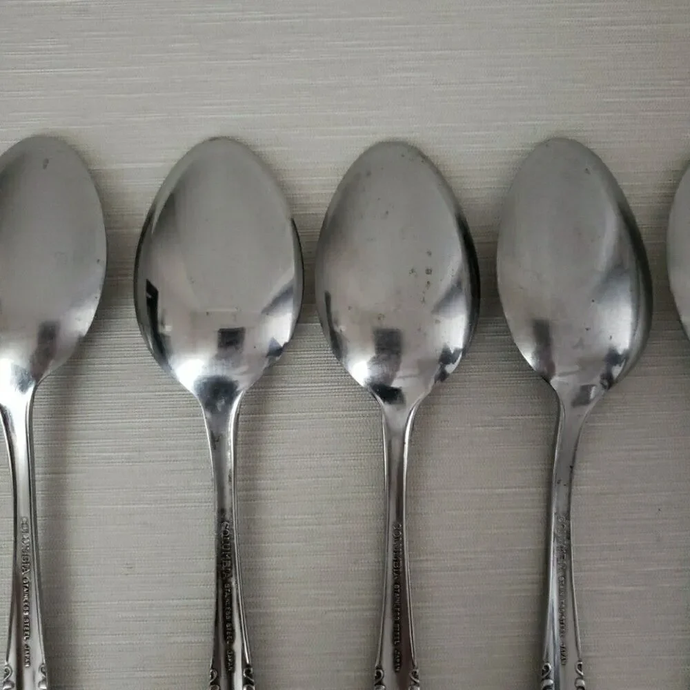 Columbia Stainless Japan 7 Dinner Spoons Flower Tip Beaded Edge Silverware VTG